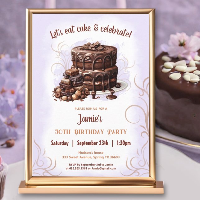 Invitation Gâteau au chocolat Purple Brown 30e fête d'anniver (Chocolate Cake Purple Brown 30th Birthday Party Invitation)