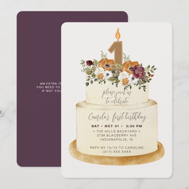 Invitation Gâteau Chic Violet Automne Premier Anniversaire (Devant / Derrière)