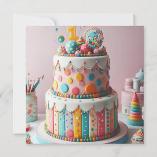 Invitation GÂTEAU COLORÉ À POINTS 1er ANNIVERSAIRE