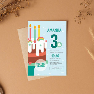 Invitation Gâteau coloré & Arc en ciel Enfants 3e fête d'anni