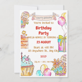 Invitation Gâteau Cupcake Ballons Joyeux Anniversaire Aquarel