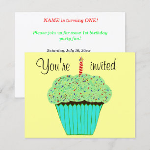 Invitation Gâteau cupcake vert pour 1er anniversaire Nom et A