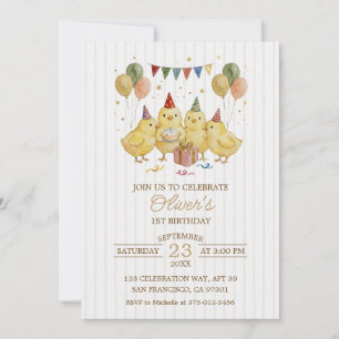 Invitation Gâteau d'anniversaire 1ère année Chicks Aquarelle
