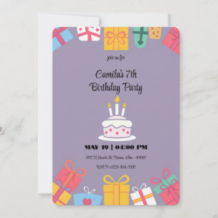 Invitation Gâteau d'anniversaire coloré et présents