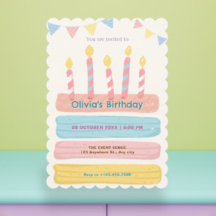 Invitation Gâteau d'anniversaire couleurs pastel