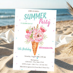 Invitation Gâteau d'anniversaire d'été floral glace à l'eau c