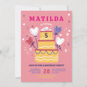 Invitation Gâteau d'anniversaire Invitez Pink Ballons Party N