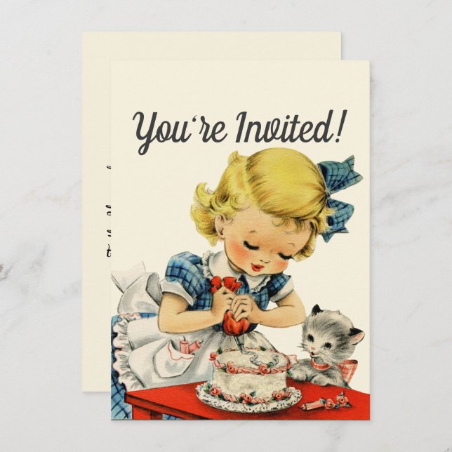 Invitation Gâteau d'anniversaire rétro pour fille - Chat - De (Devant / Derrière)
