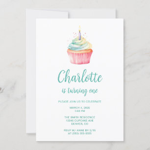 Invitation Gâteau d'anniversaire sarcelle et rose 1 an