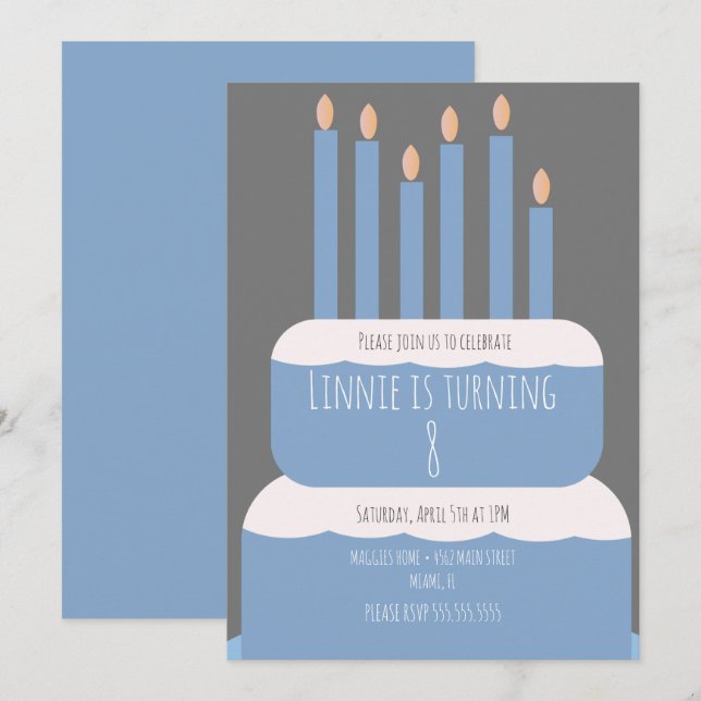 Invitation Gâteau d'anniversaire simple avec bougies de fête  (Devant / Derrière)