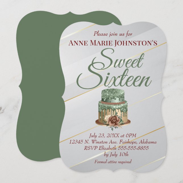 Invitation Gâteau d'anniversaire sweet sixteen (Devant / Derrière)