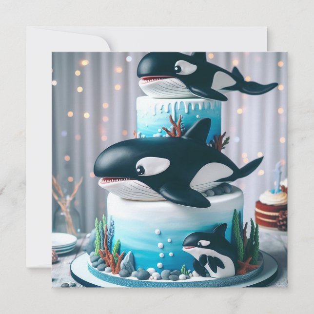 INVITATION GÂTEAU DE BALEINE NOIR ET BLANC ORCA CUTE ENFANTS (Devant)