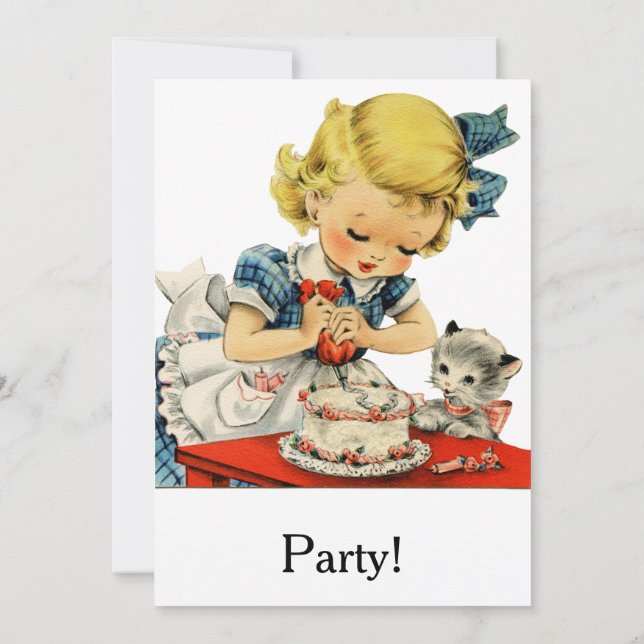 Invitation Gâteau de fille d'anniversaire rétro Chat Enfants  (Dos)