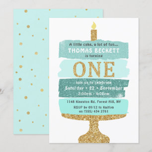 Invitation Gâteau de Parties scintillant Mint & Or 1er annive