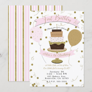 Invitation Gâteau de premier anniversaire rose et or sucré es