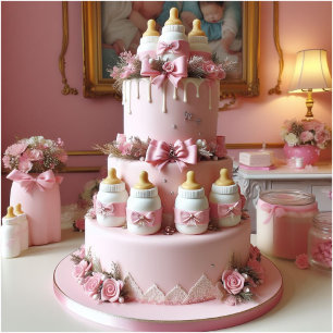 Invitation Gâteau décoré rose pour Baby Shower avec biberons