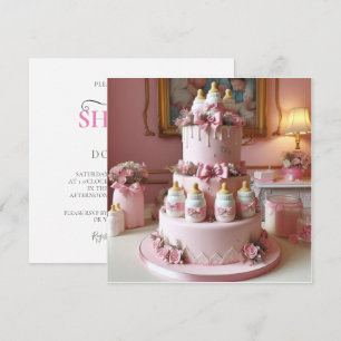 Invitation Gâteau décoré rose pour Baby Shower avec biberons