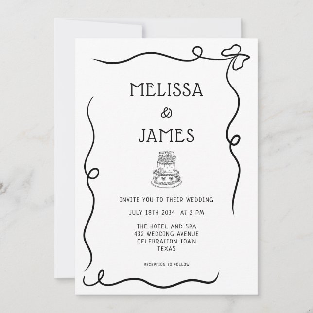 Invitation Gâteau Dessiné à la Main Mariage Fantaisiste (Devant)