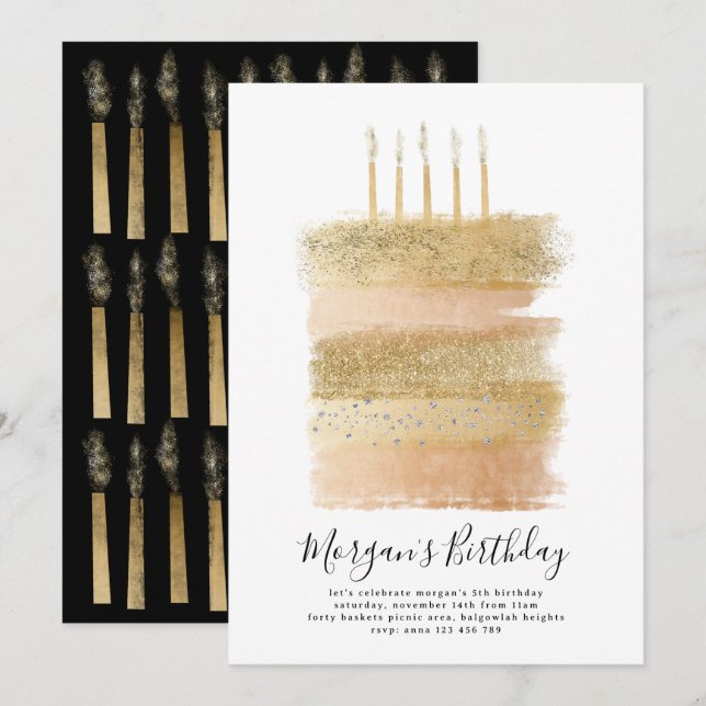 Invitation Gâteau Filles Invitations, 5e anniversaire Or (Devant / Derrière)