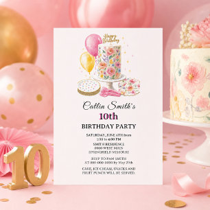 Invitation Gâteau floral doux pour les 10 ans des filles