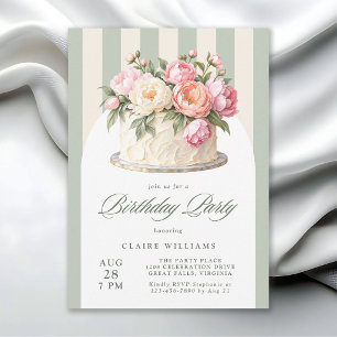 Invitation Gâteau Floral Élégant Rayures Vert Sauge Anniversa