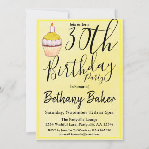 Invitation Gâteau jaune aquarelle Fête d'anniversaire 30 ans