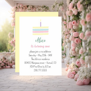 Invitation Gâteau jaune pastel coloré 1er anniversaire fête