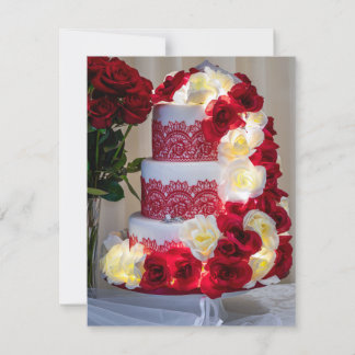 Invitation Gâteau mariage avec bouquet, anneaux et voile