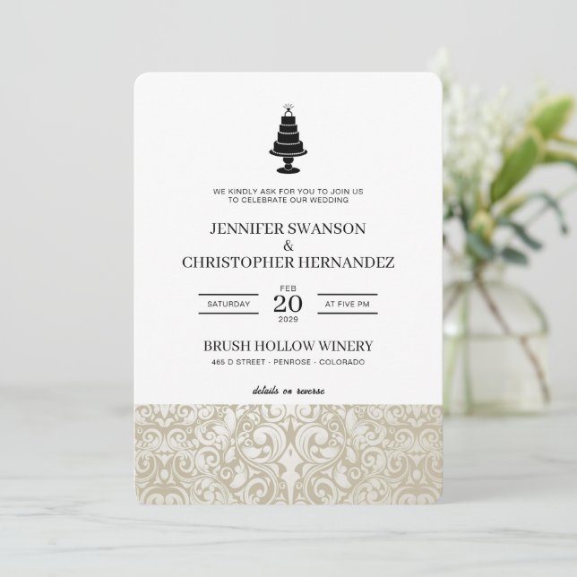 Invitation Gâteau mariage avec détails et code QR (Debout devant)