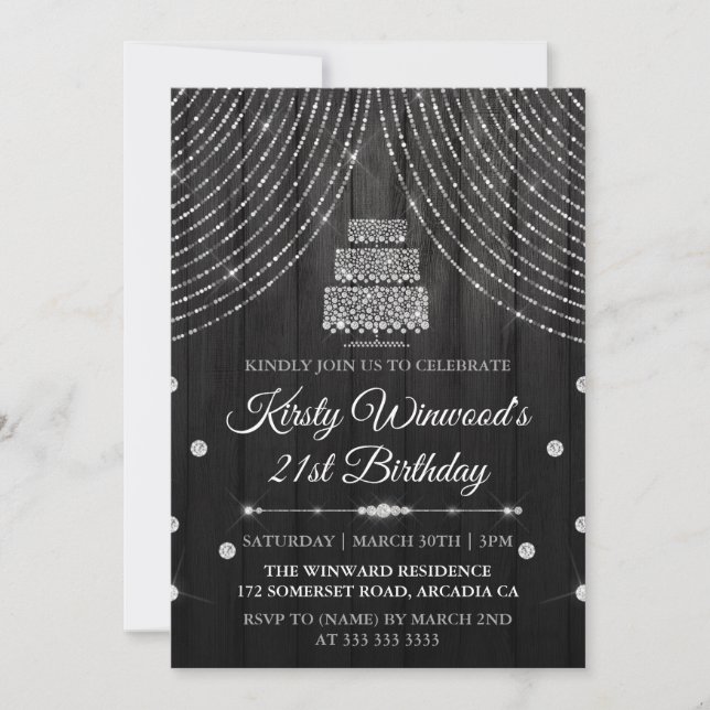 Invitation Gâteau noir diamant argent fête d'anniversaire (Devant)
