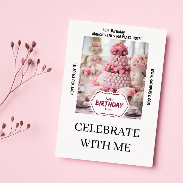 Invitation Gâteau rose bourguignon photo 50e anniversaire (Burgundy pink cake photo 50th Birthday Party )