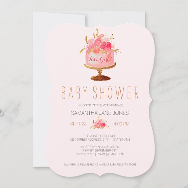 Invitation Gâteau rose floral C'est une fille Baby shower Inv (Devant)