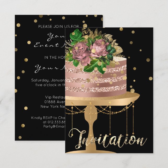 Invitation Gâteau Rose Gold Anniversaire Confettis Noirs Pail (Devant / Derrière)