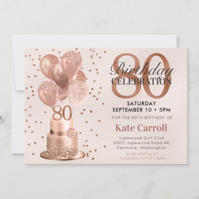 Invitation Gâteau rose gold pour 80e anniversaire (Devant)
