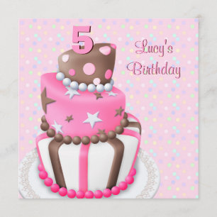Invitation Gâteau rose marron pour filles 5ème anniversaire