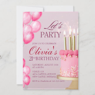 Invitation Gâteau rose mignon Fête d'anniversaire d'été pour