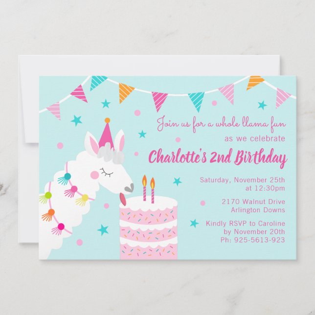 Invitation Gâteau tout Llama Fun 2e anniversaire Aqua (Devant)