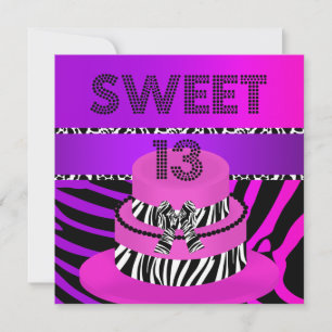 Invitation Gâteau violet rose zèbre pour 13 ans Sweet 13