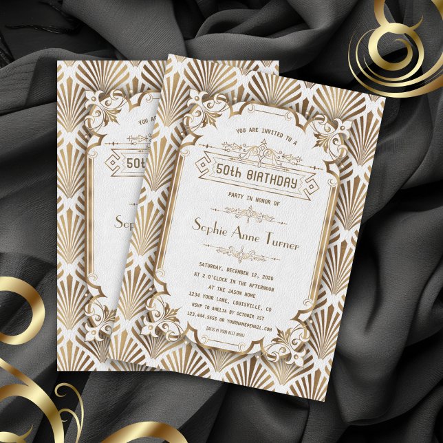 Invitation Gatsby de luxe Gold White Art Déco 50e anniversair (Créateur téléchargé)