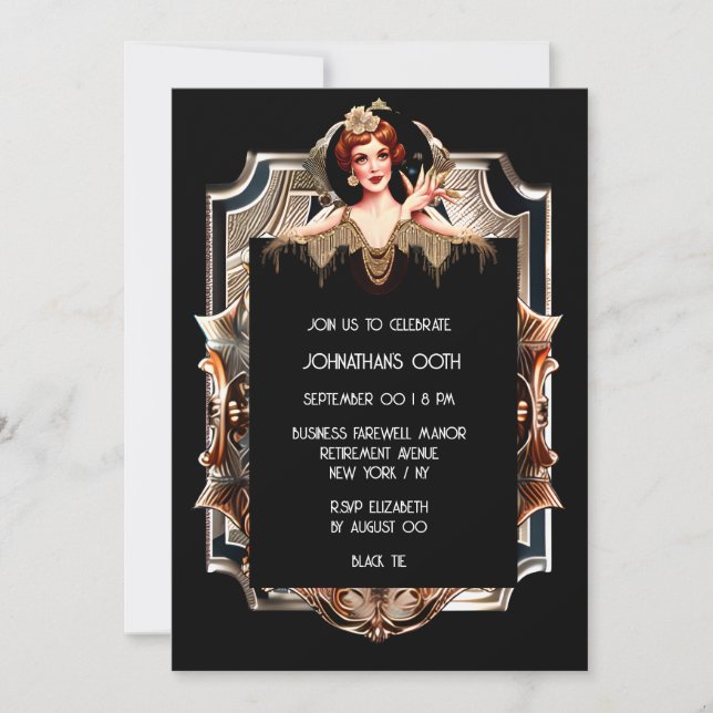 Invitation Gatsby Flapper fille art déco look métallique (Devant)