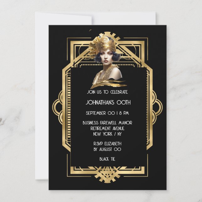Invitation Gatsby Flapper fille noir or 1920's thème photo (Devant)
