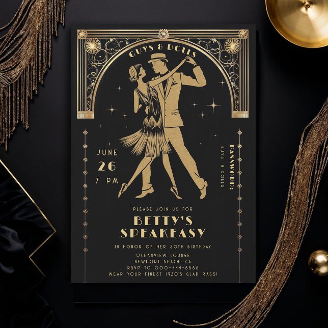 Invitation Gatsby Flapper Speakeasy Roaring 20s Déco Annivers (roaring 20s speakeasy gatsby flapper dance dancing couple gold black deco adult birthday invite)