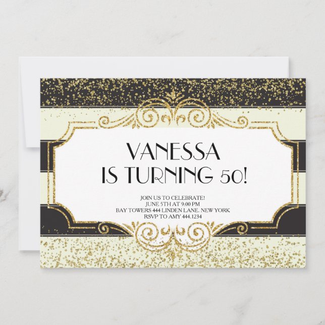 Invitation Gatsby Gold Black Parties scintillant 50e annivers (Devant)