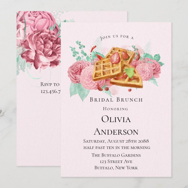 Invitation gaufres brunch nuptiale rose et menthe (Devant / Derrière)