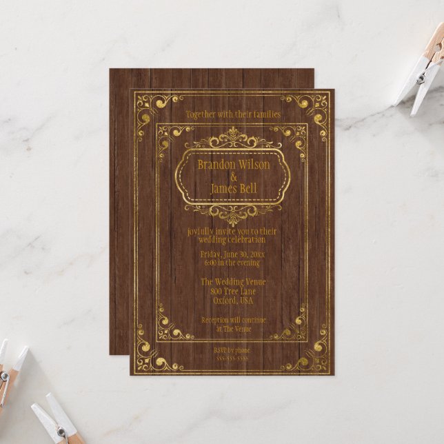 Invitation Gay Couple Brown Barnwood et Gold Frames Mariage (Devant/Arrière en situation)