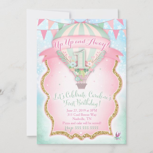 Invitation GC Hot Air Balloon Premier anniversaire Caroline (Devant)