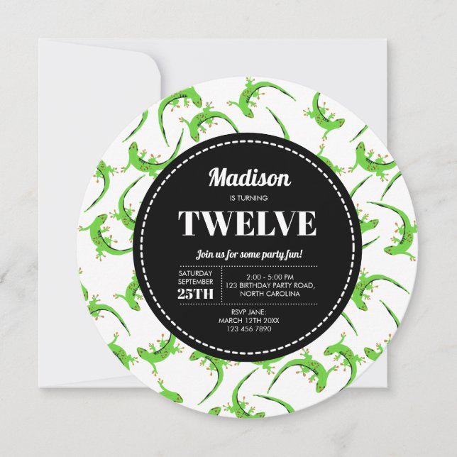 Invitation Gecko Lizard Reptile Circle Anniversaire Invitatio (Devant)