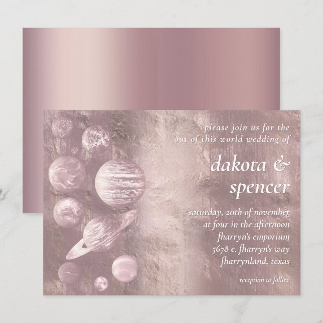 Invitation Geek Chic Mariage | Planètes Roses Brutes Mauves D (Devant / Derrière)