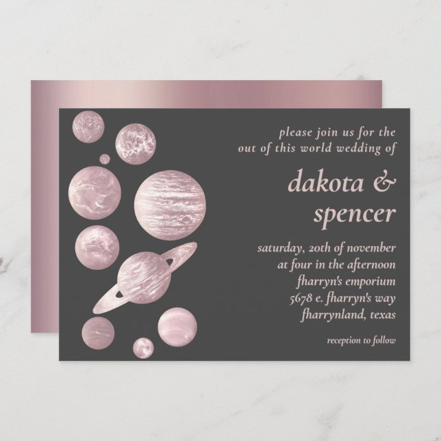 Invitation Geek Chic Mariage | Système solaire gris rose mauv (Devant / Derrière)
