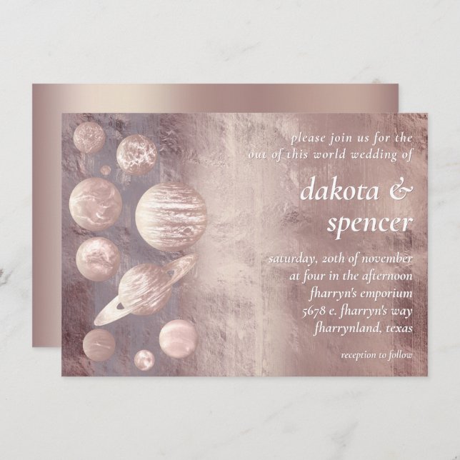 Invitation Geek Chic Mariage | Système solaire or Rose cuivre (Devant / Derrière)